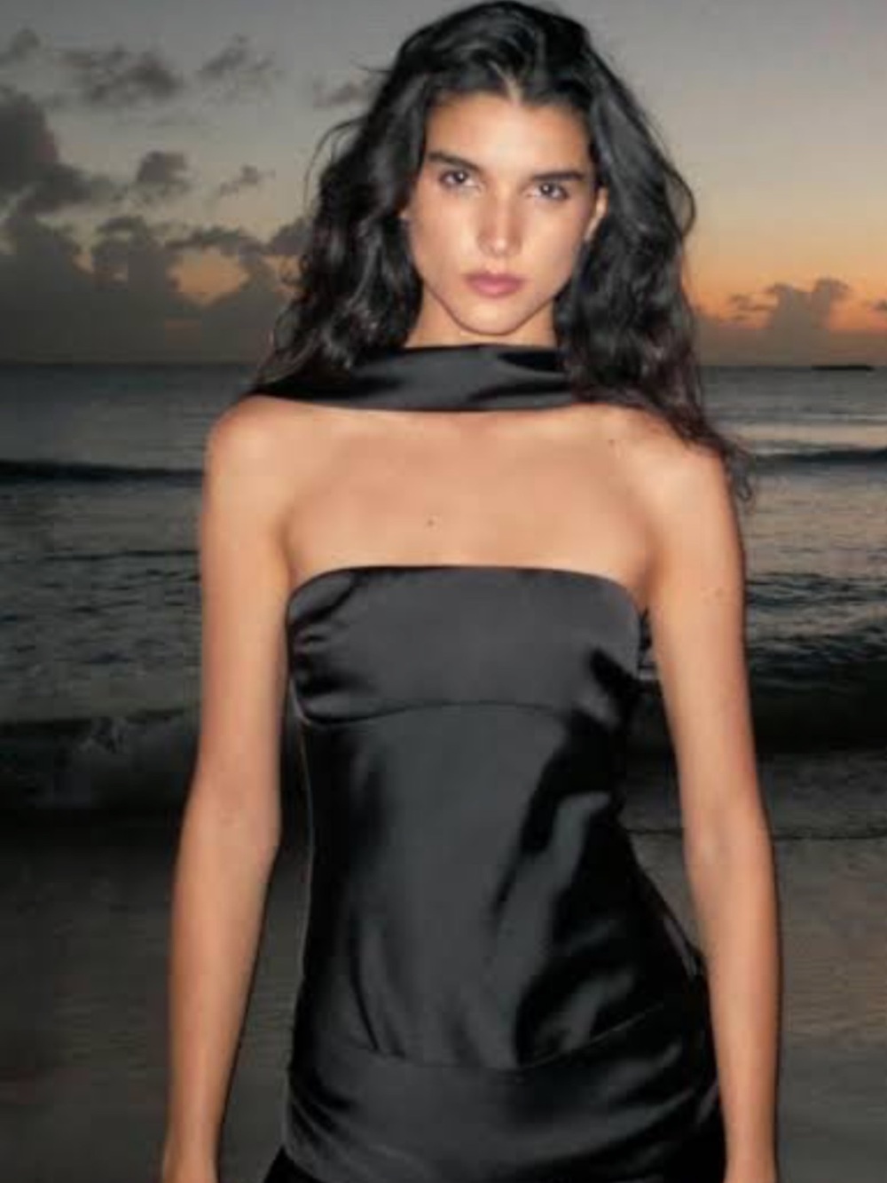 Zara Black Satin Strapless Scarf-Neck Dress